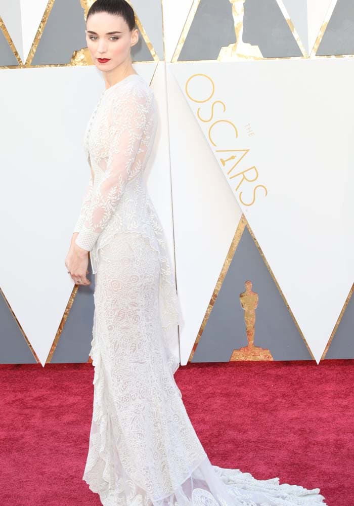 Rooney Mara looks bridal in a white lace Givenchy dress on the red carpet