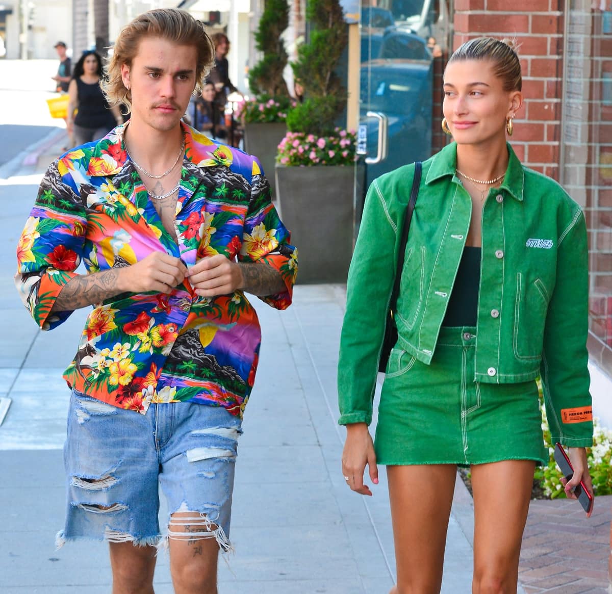 Hailey Baldwin in a green denim jacket and her boyfriend Justin Bieber head to a doctor’s appointment