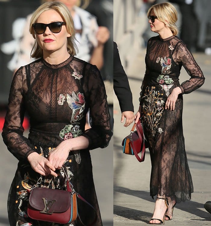 Kirsten Dunst carries a Louis Vuitton Vivienne bag as she arrives at ABC Studios