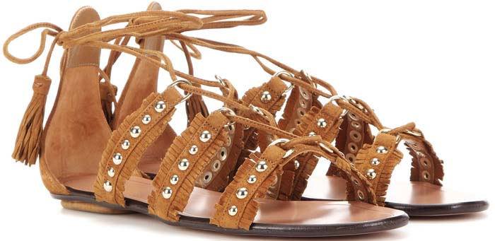 Aquazzura "Tulum" fringed suede sandal with round golden studs trim straps