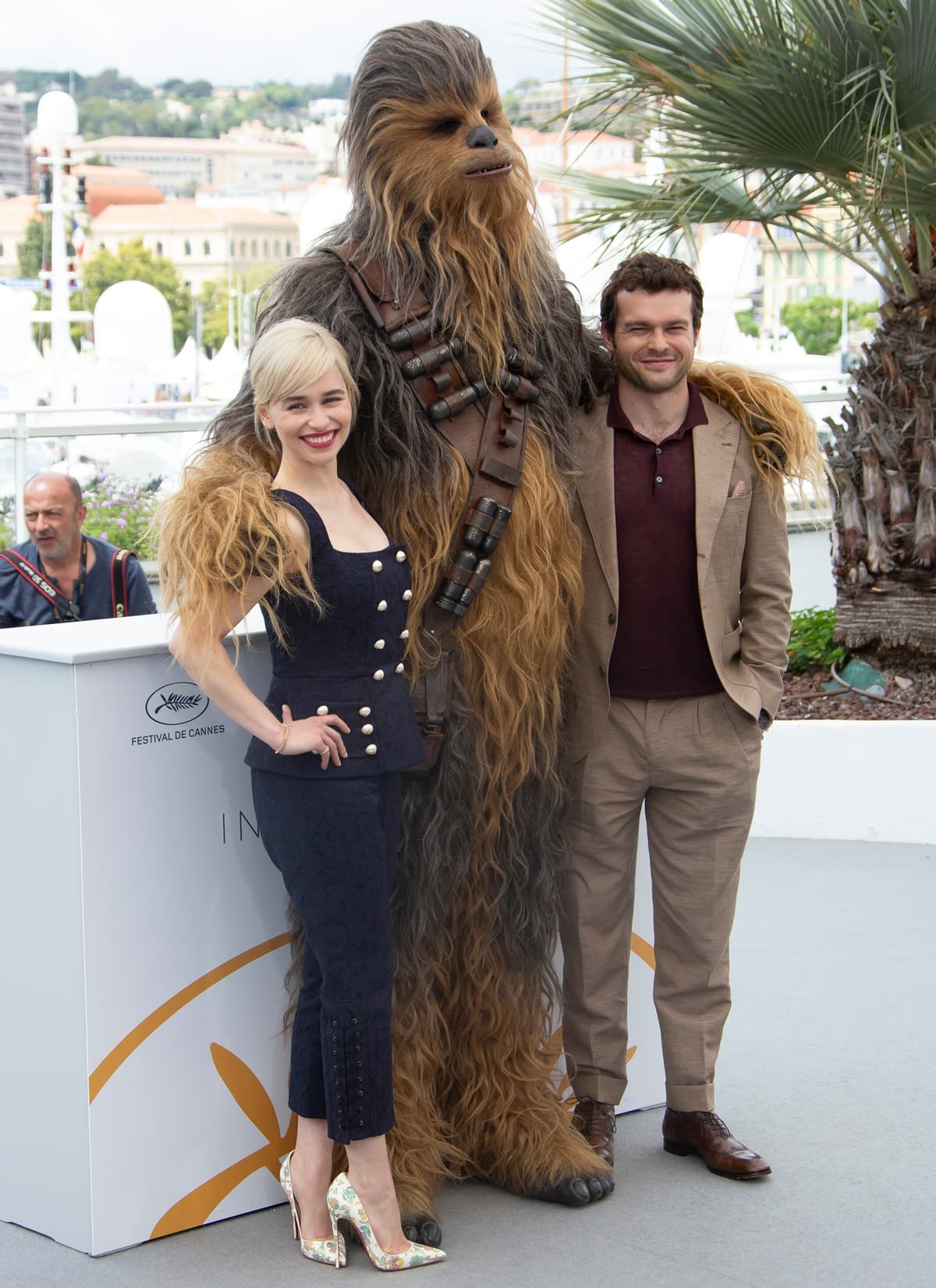 Emilia Clarke, Chewbacca, and Alden Ehrenreich attend the photocall for "Solo: A Star Wars Story"