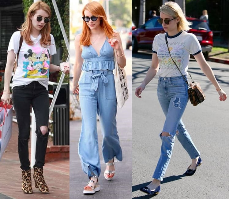 Emma Roberts effortlessly showcases her chic casual style in three distinct outfits: a playful Mickey Mouse t-shirt with ripped jeans and leopard print booties, a light blue chambray jumpsuit with platform sandals, and a graphic ringer tee with high-waisted distressed jeans and flats