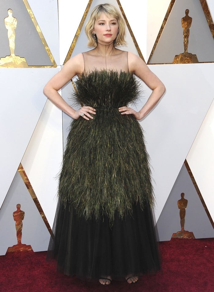 Haley Bennett in a grass-embellished Christian Dior Spring 2018 Couture dress at the 2018 Oscars at the Hollywood & Highland Center in Hollywood, California, on March 4, 2018