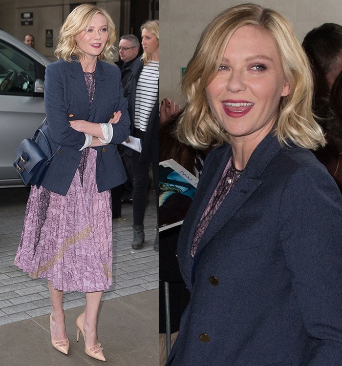 Kirsten Dunst tops her floral Gucci dress with an oversized navy blazer