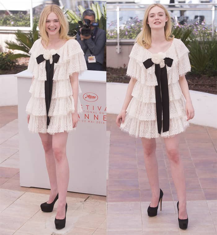 For the photo session, Elle Fanning donned a white tiered lace dress from Chanel's Fall 2016 collection