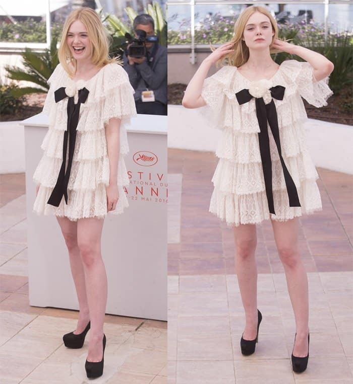 Elle Fanning flaunted her legs in a white lace dress from Chanel's Fall 2016 collection, adorned with ribbons and camellias, paired elegantly with black pumps