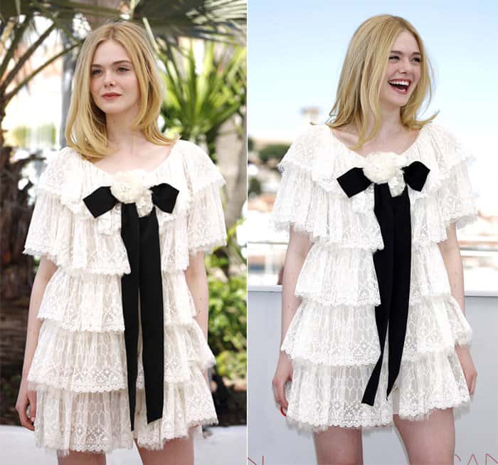 Elle Fanning radiates youthful elegance in a tiered white lace dress with a bold black bow at the 69th Cannes Film Festival