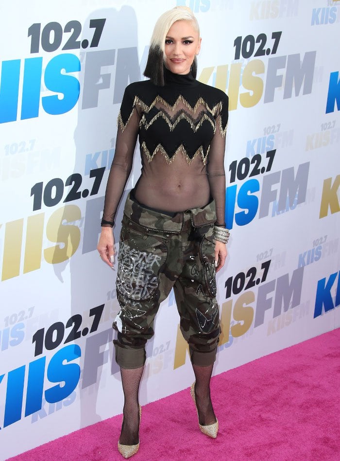 Gwen Stefani bares her abs in a sheer Elisabetta Franchi bodysuit
