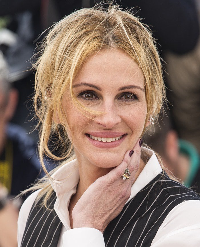 Julia Roberts in a black and white pinstripe Givenchy jumpsuit