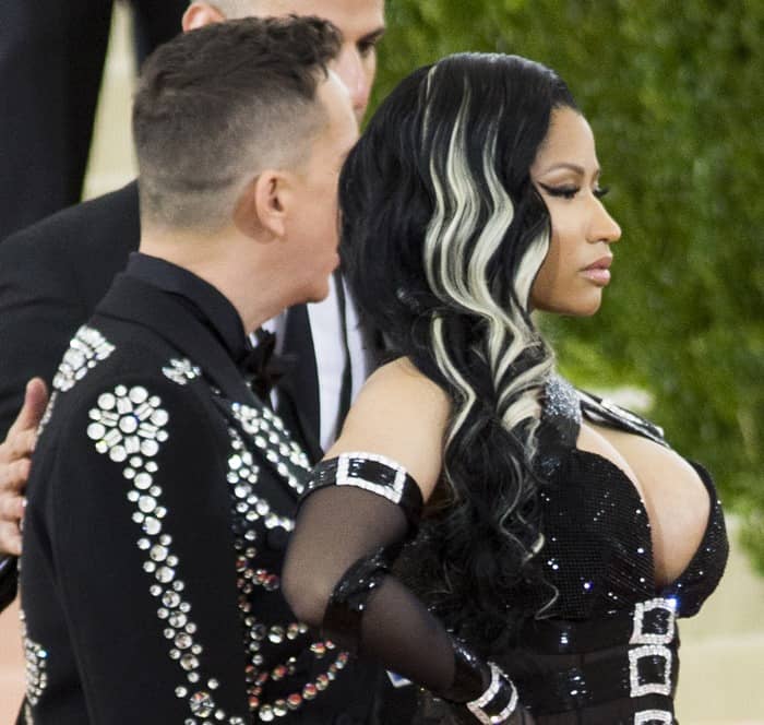 Nicki Minaj hit the red carpet in a revealing ensemble designed by her date, Jeremy Scott