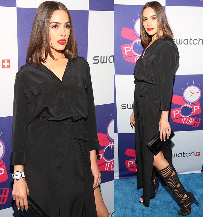 Olivia Culpo's Legs in L’Agence Shirtdress and Knee-High Caged Sandals