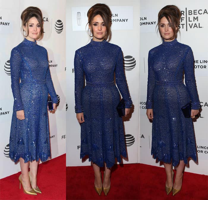 Rose Byrne wears a blue long-sleeve Derek Lam Fall 2016 crochet beaded embellished dress featuring a mock neckline and white underlining