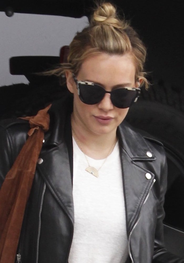 Hilary Duff wears her hair up as she leaves her gym in Los Angeles