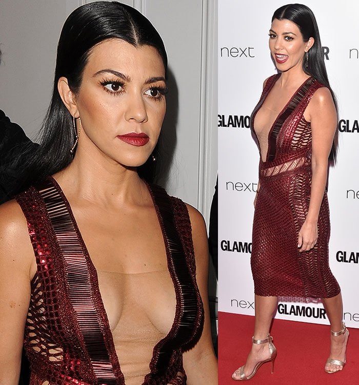 Kourtney Kardashian flaunts her cleavage in a sheer paneled Julien Macdonald dress