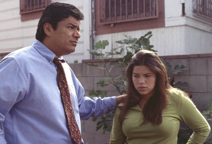 George Lopez as Mr. Guzman and America Ferrera in her film debut as Ana García in Real Women Have Curves