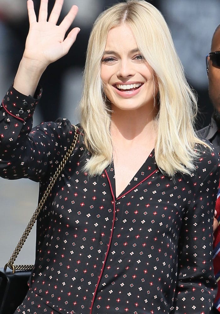 Margot Robbie Steps Out In 6 - Gucci Baby Gucci Cherry Print Cotton  One-piece - Inch Gucci Platform Pumps – Rvce News