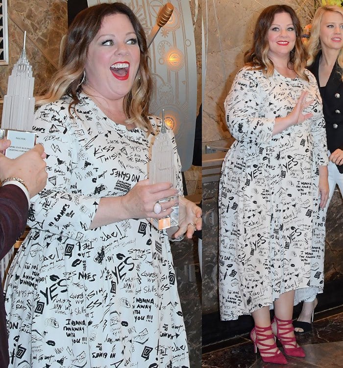 Melissa McCarthy wears her curled hair down during a "Ghostbusters" promotional event held at the Empire State Building