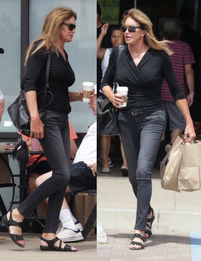 Caitlyn Jenner carries a Starbucks cup while shopping in Malibu