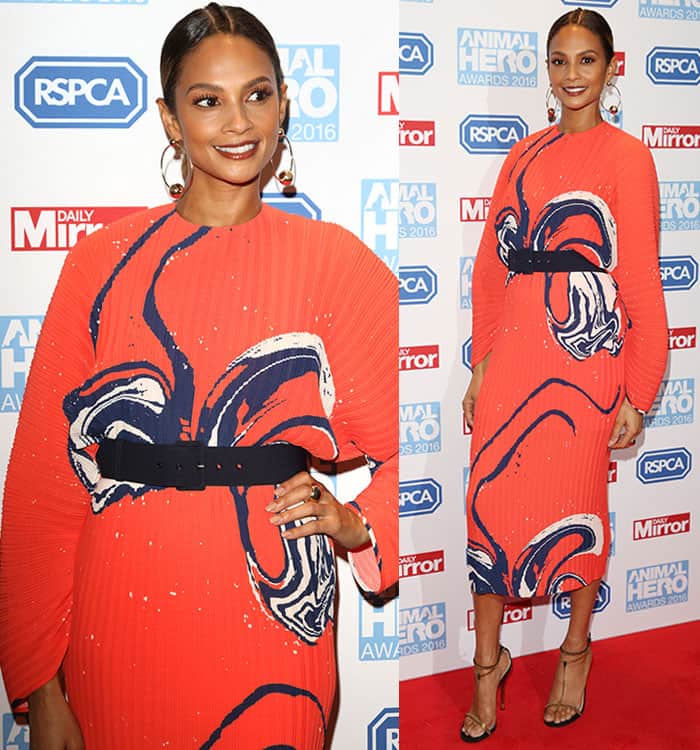 Alesha Dixon in a bright orange ‘70s-inspired ribbed dress