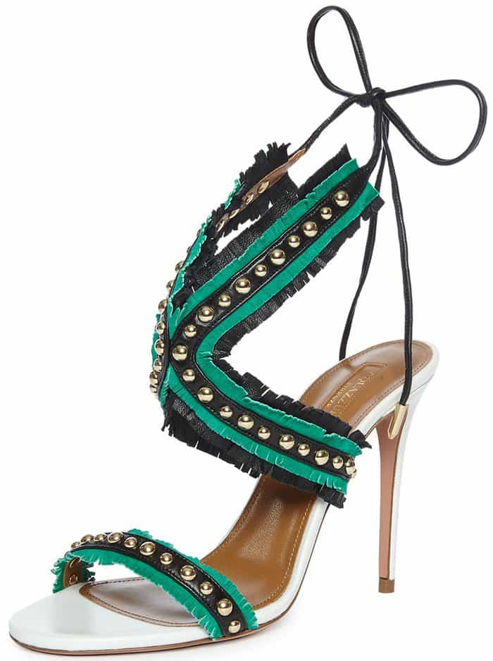 Watermelon Aquazzura "Latin Lover" Studded Fringed Sandals