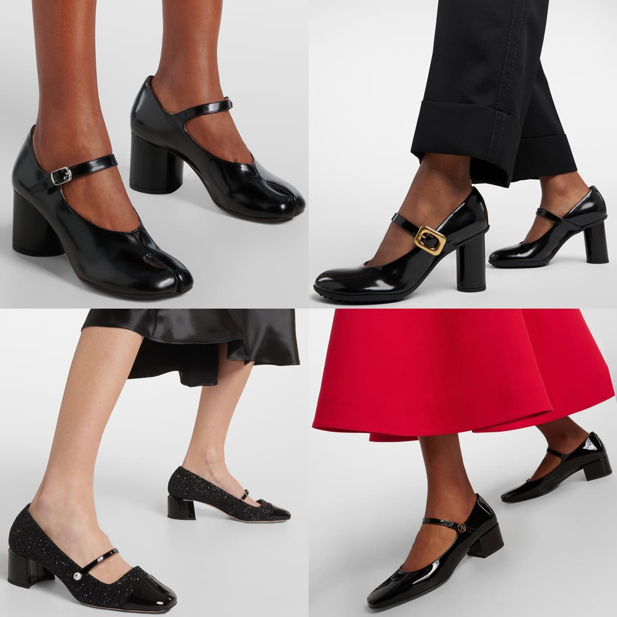 A collage showing four styles of black Mary Jane shoes: glossy round-toe block heels with a buckle, patent leather block heels with a gold detail, glittery low block heels with a pearl button, and shiny low block heels styled with dresses and tailored pants