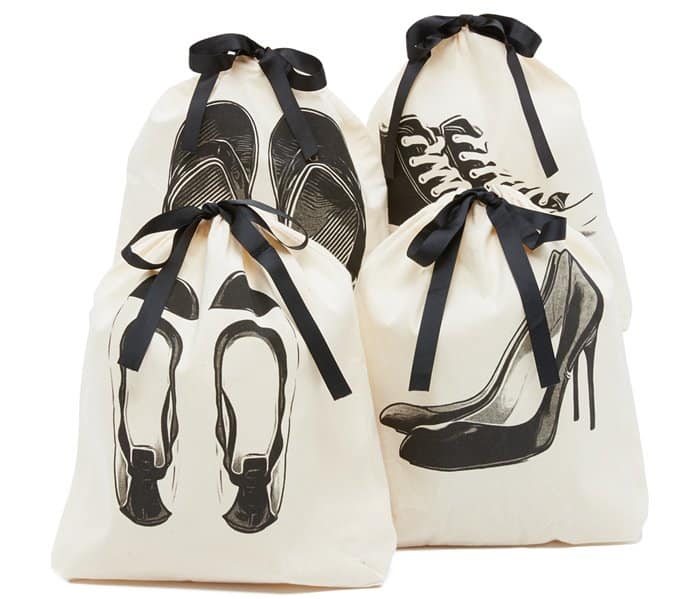 A set of 4 drawstring Bag-all pouches keeps your shoes organized for a weekend trip
