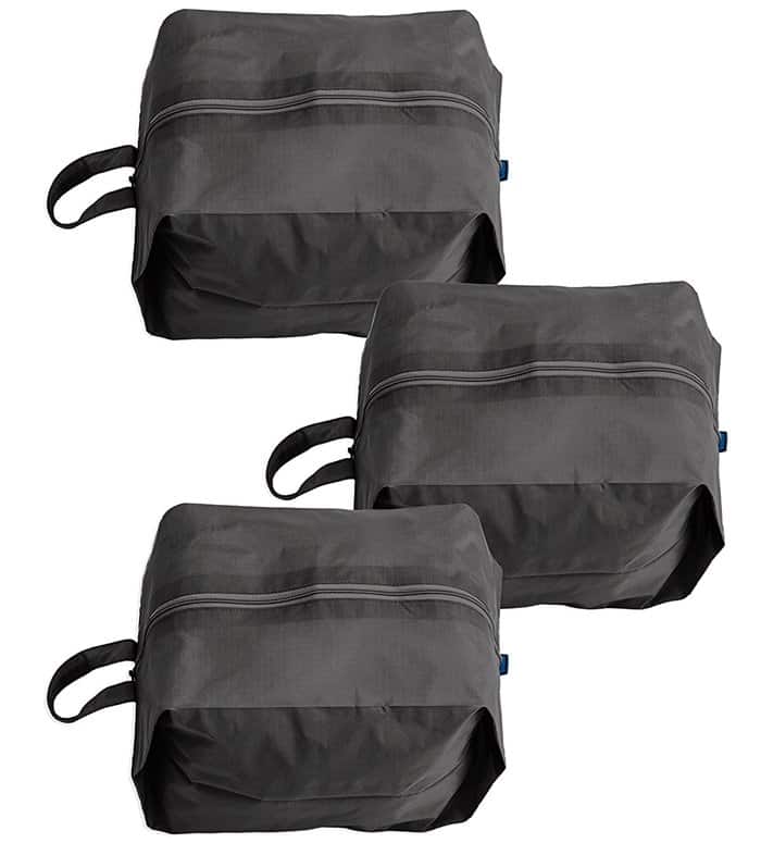 A set of three zippered pouches for travel and organization