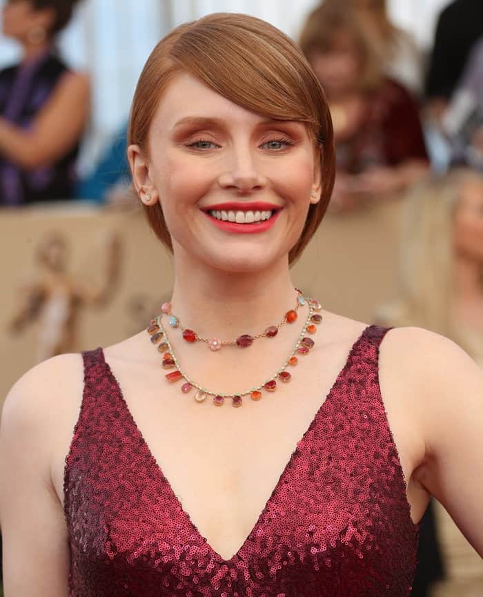 Bryce Dallas Howard completes her red carpet look with a multicolored gemstone necklace