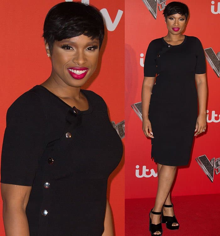 Jennifer Hudson complements her chic black dress with a bold pixie cut, accentuating her look with a striking red lip and defined lashes