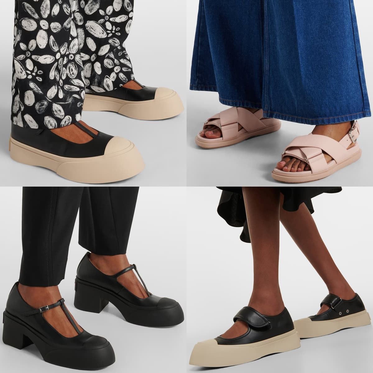 A collection of Marni shoes including platform styles, Mary Janes, and sandals