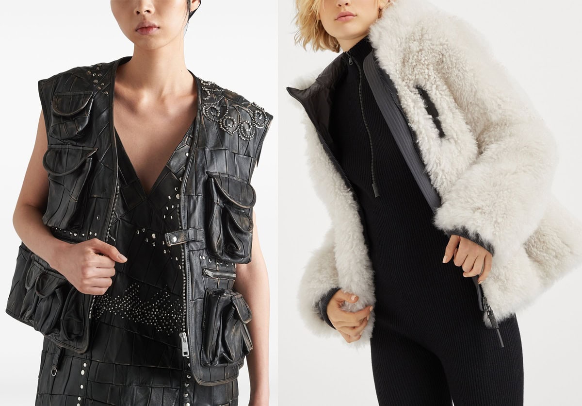 Two luxury jackets side by side: a Brunello Cucinelli plush shearling jacket in soft white and a Prada nappa leather patchwork gilet in black with studded details and multiple pockets