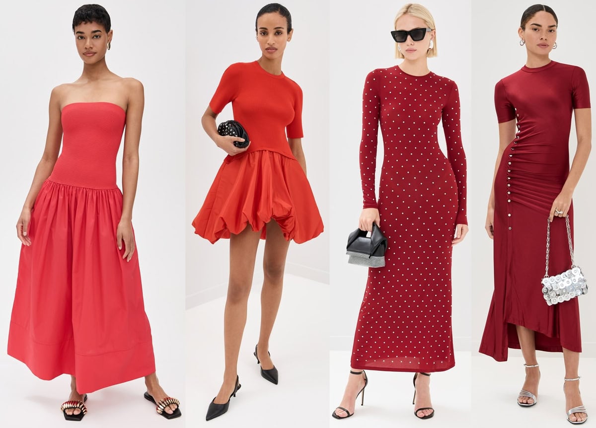 Four models wearing different red dresses paired with stylish shoes, including strapless, short, and long designs with various heel styles