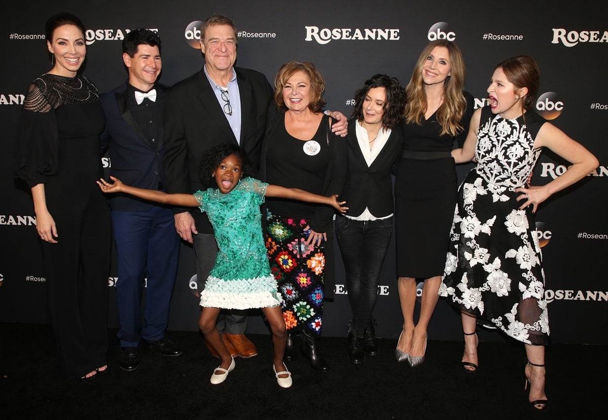 Whitney Cummings, Michael Fishman, John Goodman, Jayden Rey, Roseanne Barr, Sara Gilbert, Sarah Chalke, and Emma Kenney attend the premiere of ABC's "Roseanne"