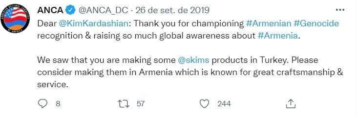 The Armenian National Committee of America asks Kim Kardashian to stop producing Skims shapewear in Turkey