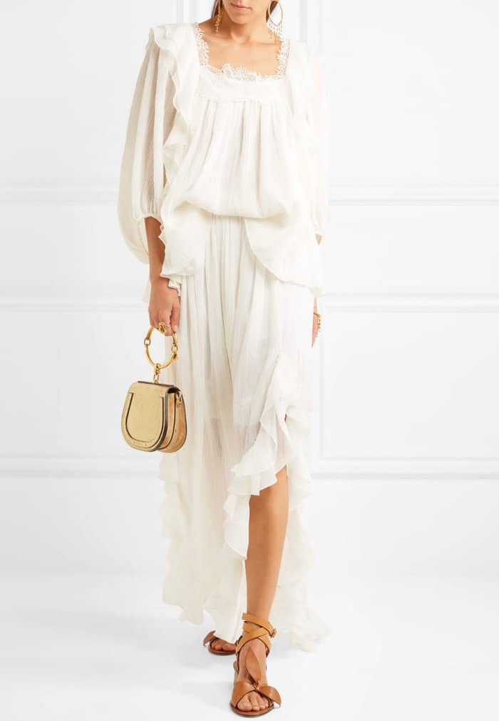 Model wearing the Chloe x Net-A-Porter bow-detailed embellished sandals in tan leather