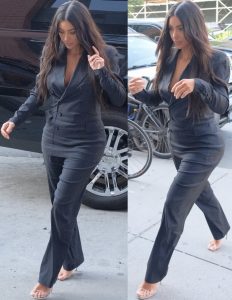 Kim Kardashian Goes CEO in Jean Paul Gaultier Suit and Yeezy Sandals