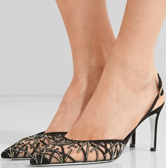 Rene Caovilla crystal-embellished suede and mesh pumps