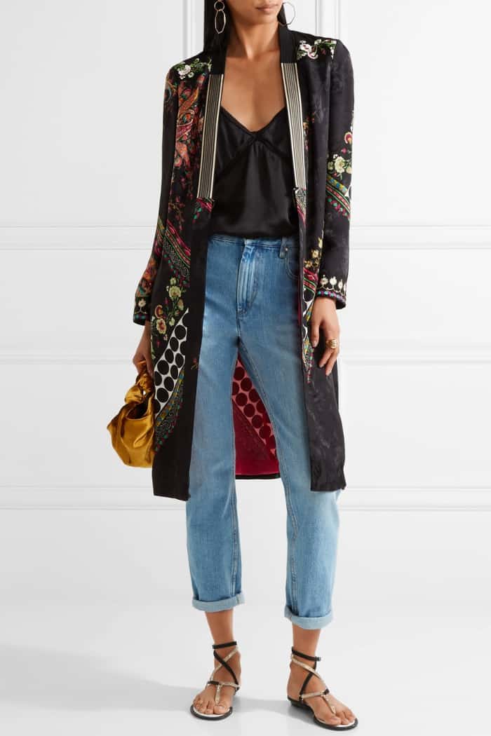 Model wearing Rene Caovilla’s crystal-embellished suede sandals with an Etro jacket, a Cami NYC “Bailey” camisole, and Current/Elliott “Original” high-rise jeans