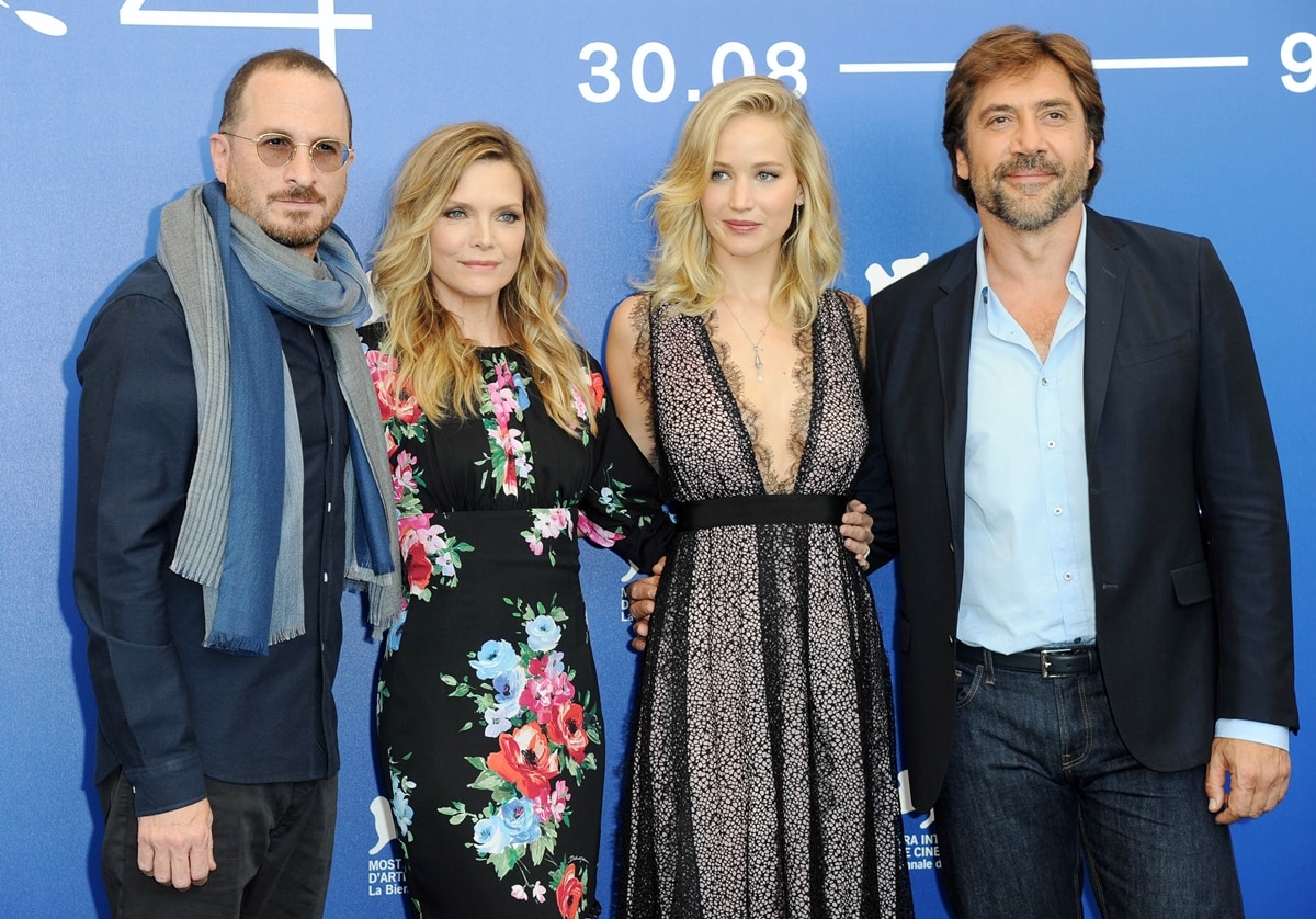 American director Darren Aronofsky, Spanish actor Javier Bardem, and American actresses Jennifer Lawrence and Michelle Pfeiffer attend the photocall of Mother's movie during the 74th Film Festival. Venice (Italy), September 5th 2017