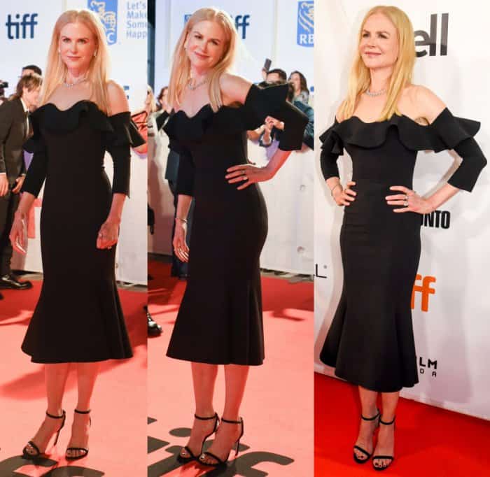 Nicole Kidman in an Oscar dela Renta dress and Jimmy Choo "Minny" sandals.