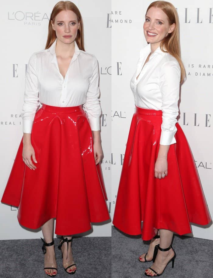 Jessica Chastain wearing a Calvin Klein Spring 2018 ensemble and black sandals at Elle's 24th Annual Women in Hollywood Celebration