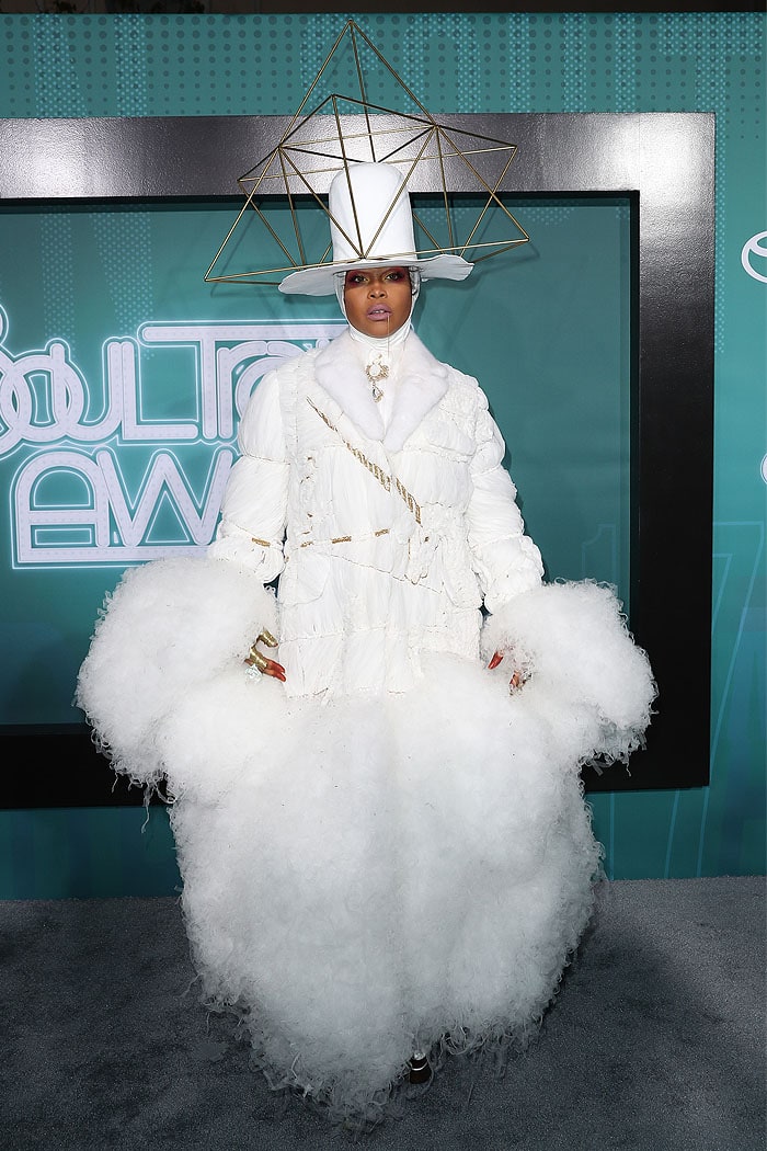 Erykah Badu donned a tissue-like white blazer that had gold rope ties and poofy white tulle clouds erupting from the wrists and hemline