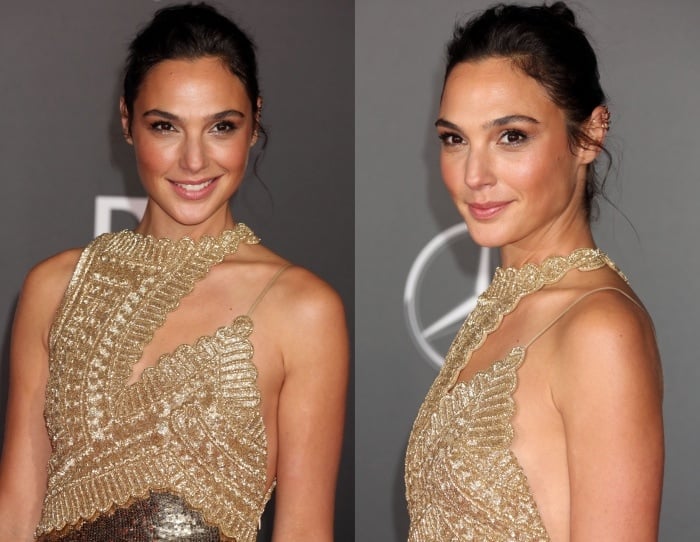 Gal Gadot with a chic updo in a gold sequined cocktail dress