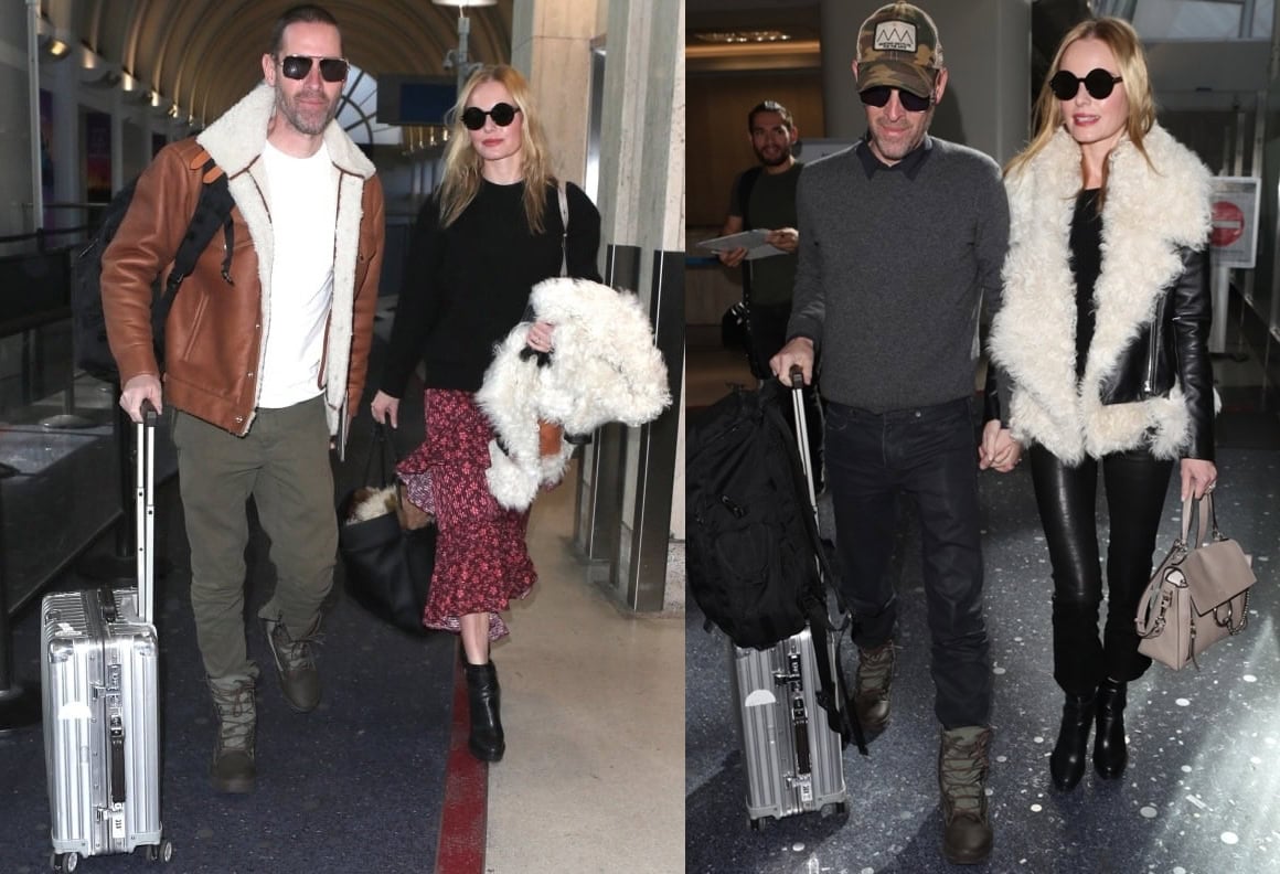 Kate Bosworth showcases her versatile airport style, pairing a cozy printed skirt with boots on one trip and opting for a chic leather-and-fur look on another