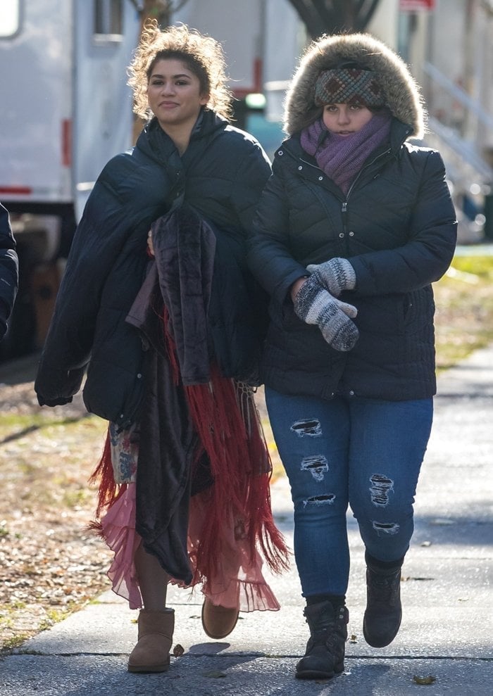 Zendaya heading to the movie set 'The Greatest Showman' on an exceptionally cold day in New York