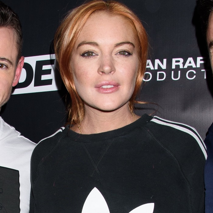 Lindsay Lohan wore an oversized Adidas Original sweatshirt to co-host an LGBTQ Super Trade Party held at Schimanski in Brooklyn, New York, on January 14, 2018