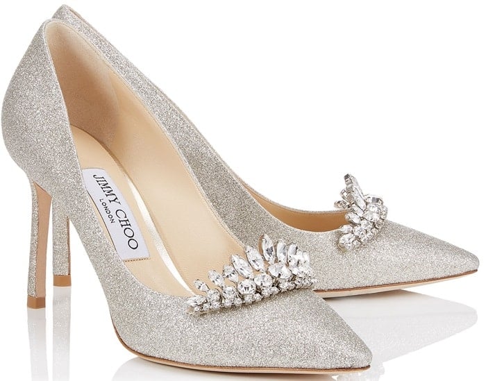 'Romy' 85 Platinum Ice Dusty Glitter Pointy Toe Pumps with Crystal Tiara
