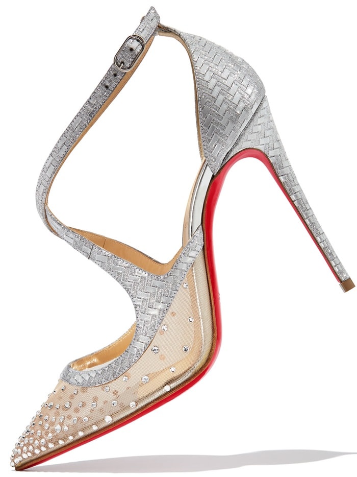 'Twistissima Strass' Ankle-Strap Pumps in Silver Matrix Glitter