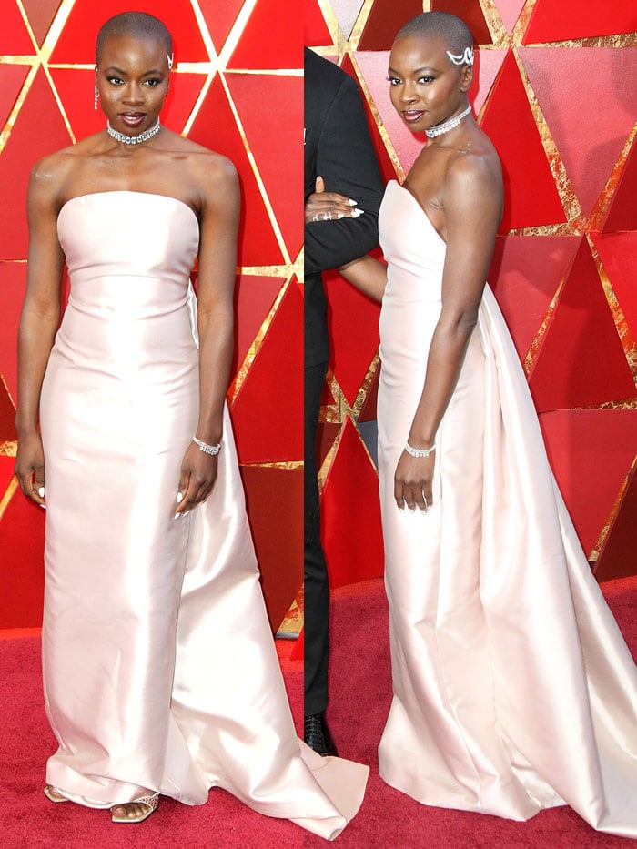 Danai Gurira in a Gabriela Hearst Fall 2018 column gown and Sergio Rossi 'SR1' sandals at the 2018 Oscars.