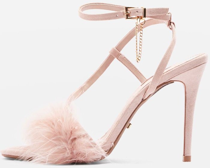 Skinny heeled sandals with nude feathered detail on front strap